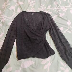 SHEIN Black Textured Wrap Blouse with Sheer Sleeves